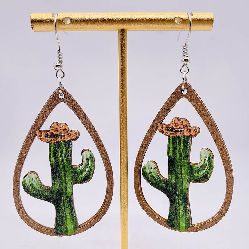 Pendientes de estampado de champiñones alces de cactus de madera de cactus de madera.